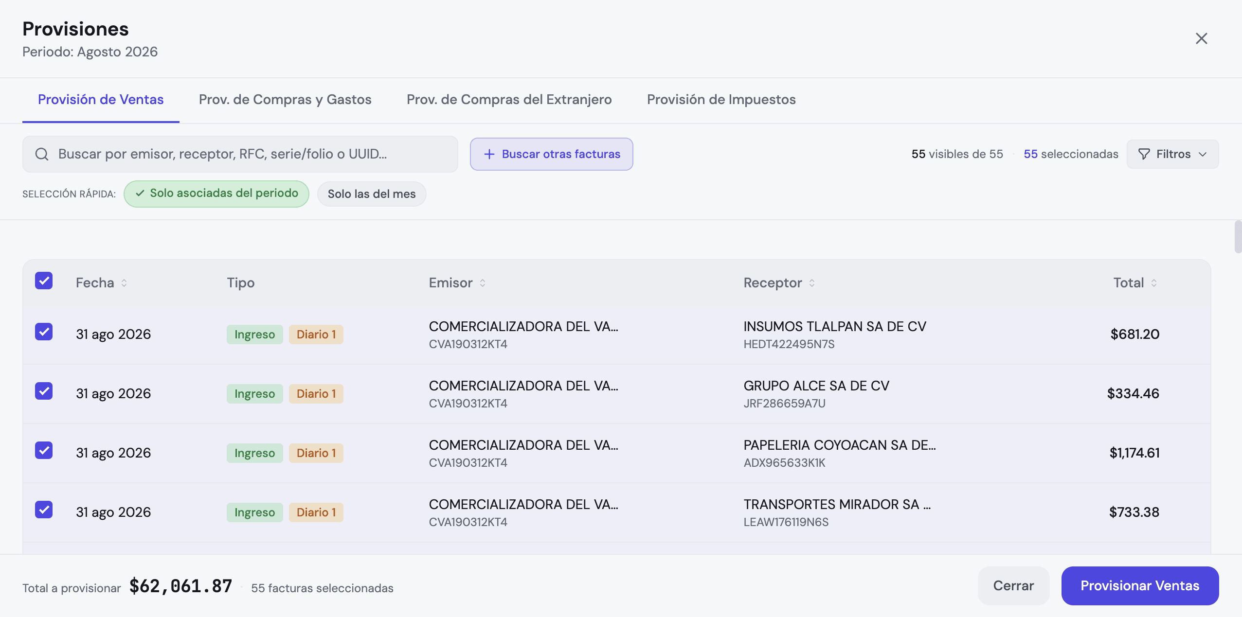 Ventana de Provisiones de Auxil-IA con las facturas de venta del periodo seleccionadas y el total a provisionar