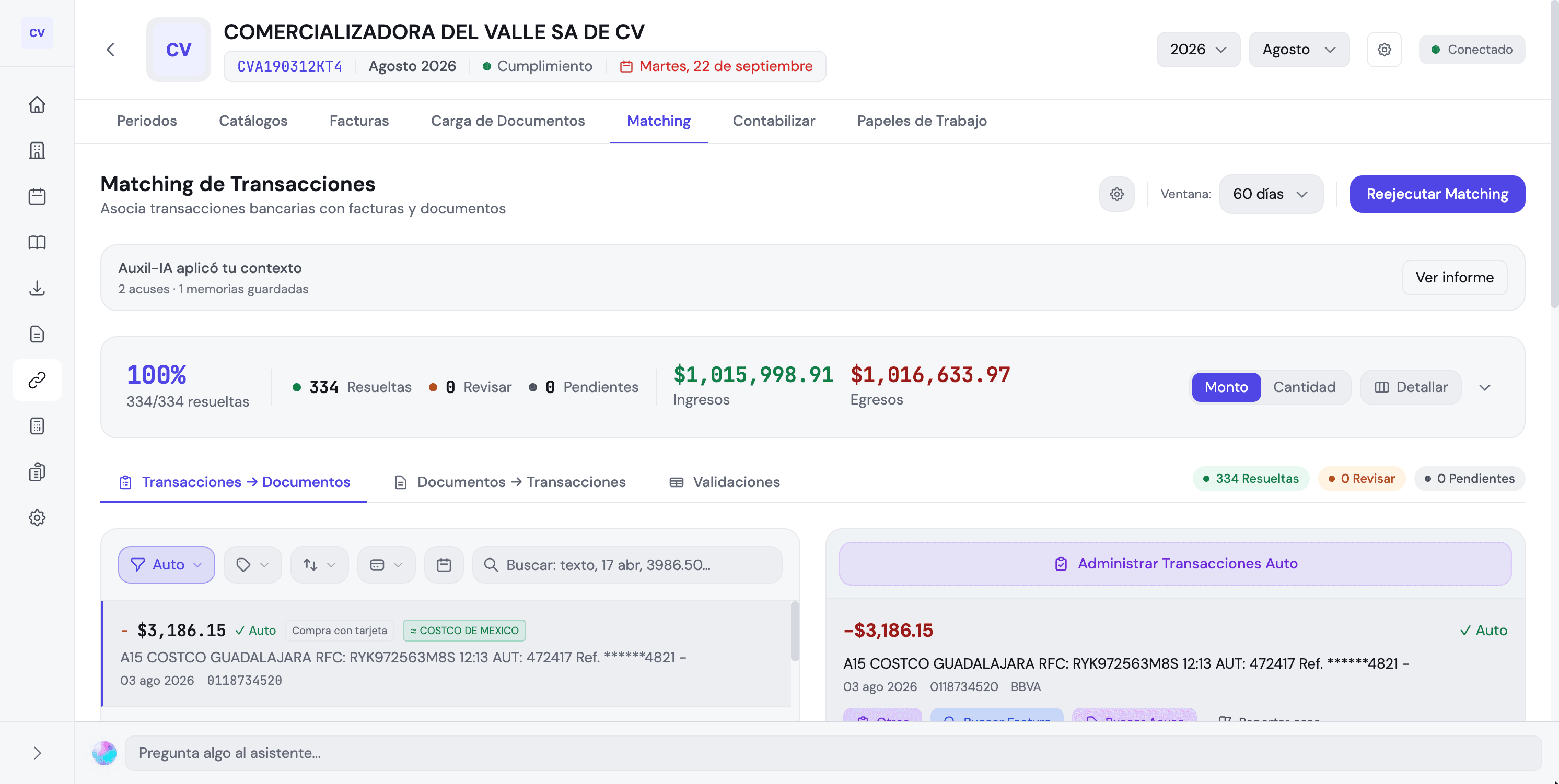 Pantalla de Matching de Auxil-IA con el periodo 100% resuelto y transacciones asociadas automáticamente